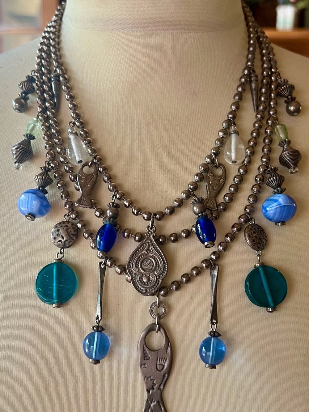 Vintage Robert Rose Boho Multi-Strand Blue Green Beaded Necklace & Earring Set
